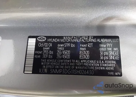 2025 Hyundai Santa Fe Hybrid Limited z USA, uszkodzony, nr VIN 5NMP3DG11SH026430